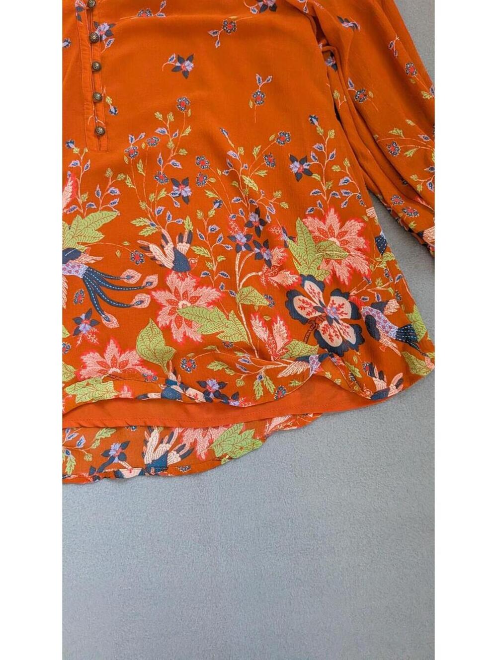 Anthropologie Blouse Womens M Orange Floral Ruffle Henley Long Sleeve Tunic Top - Picture 4 of 9